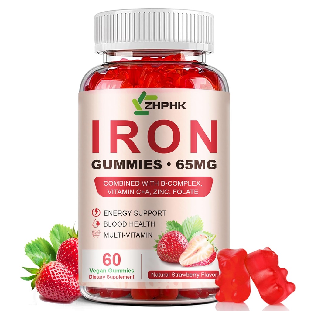 Supliment de fier Gumies, 65mg Fier si 250mg Vitamina C pentru femei Barbati Copii, Vegan naturale Gummy de fier cu vitamina A, B-complex, Biotina, Zinc si Folate Energy Support & Immune Health, 60 Gummies