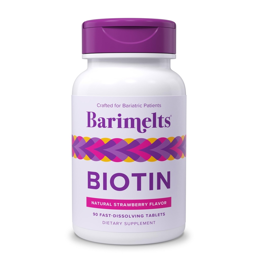 BariMelts Biotin 5000mcg, 90 comprimate care se dizolvă rapid (3-Luna de aprovizionare), vitamine bariatrice fără zahăr pentru femei, aromă naturală de căpșuni