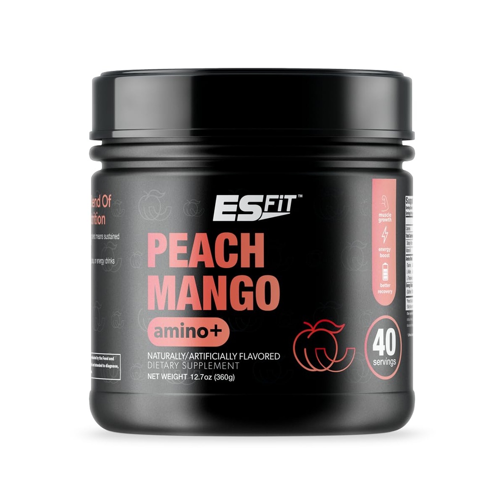 Amino+ Pulbere - Pre și post antrenament cu cafeina + extract de ceai verde - BCAA, Aminoacidi, Zero Zahăr, Calorie scăzut, Gust superior, 40 Serviri (Peach Mango)