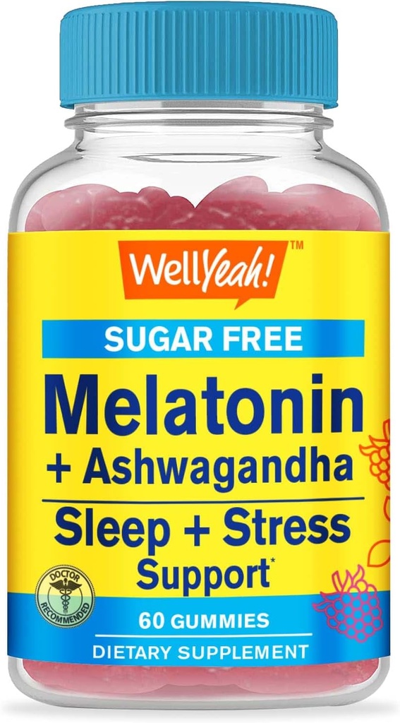 Ei bine Da Melatonina (2mg) cu Ashwagandha (850mg) Gumiile gratuite de zahăr - Supliment de dormit și de stres - cu musetel, Lemon Balm, Lavender și Valerian - Aroma naturală - 60 Conte