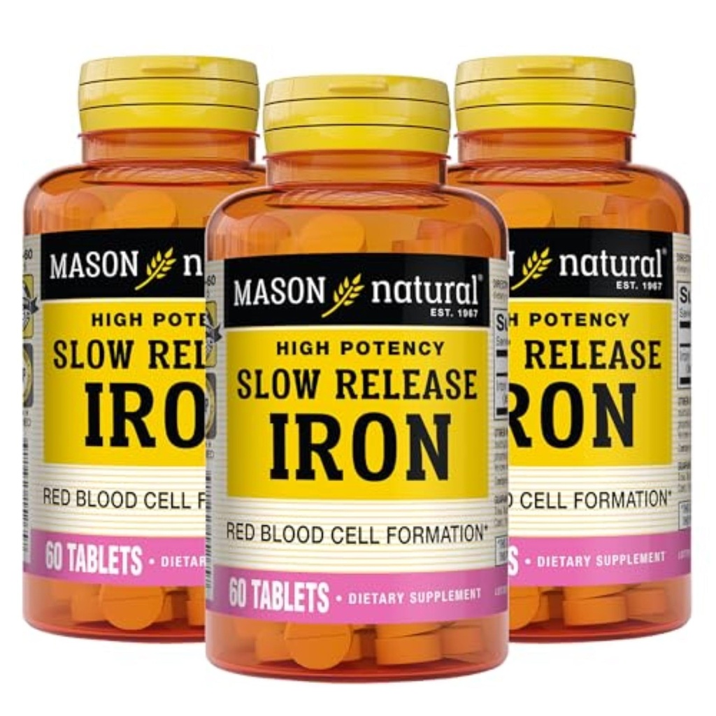 Mason Natural Slow,Release Fier (Ferous Sulfate) 50 mg comprimate, 180 zile de aprovizionare, supliment de mare potenta, blând pe stomac, 3 ambalaj