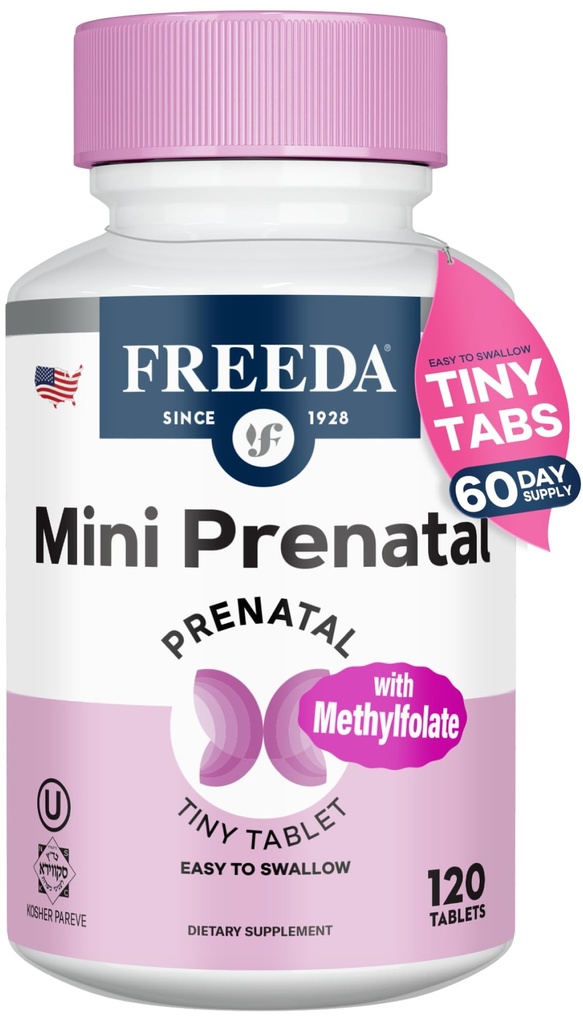 FREEDA Mini Vitamină prenatală - Prenatală Kosher - Comprimate ușor de înghiţit - Vitamine prenatale cu fier, acid folic prenatal/Folat, vitamina D - Pre Natal Multivitamine pentru gravide (120)