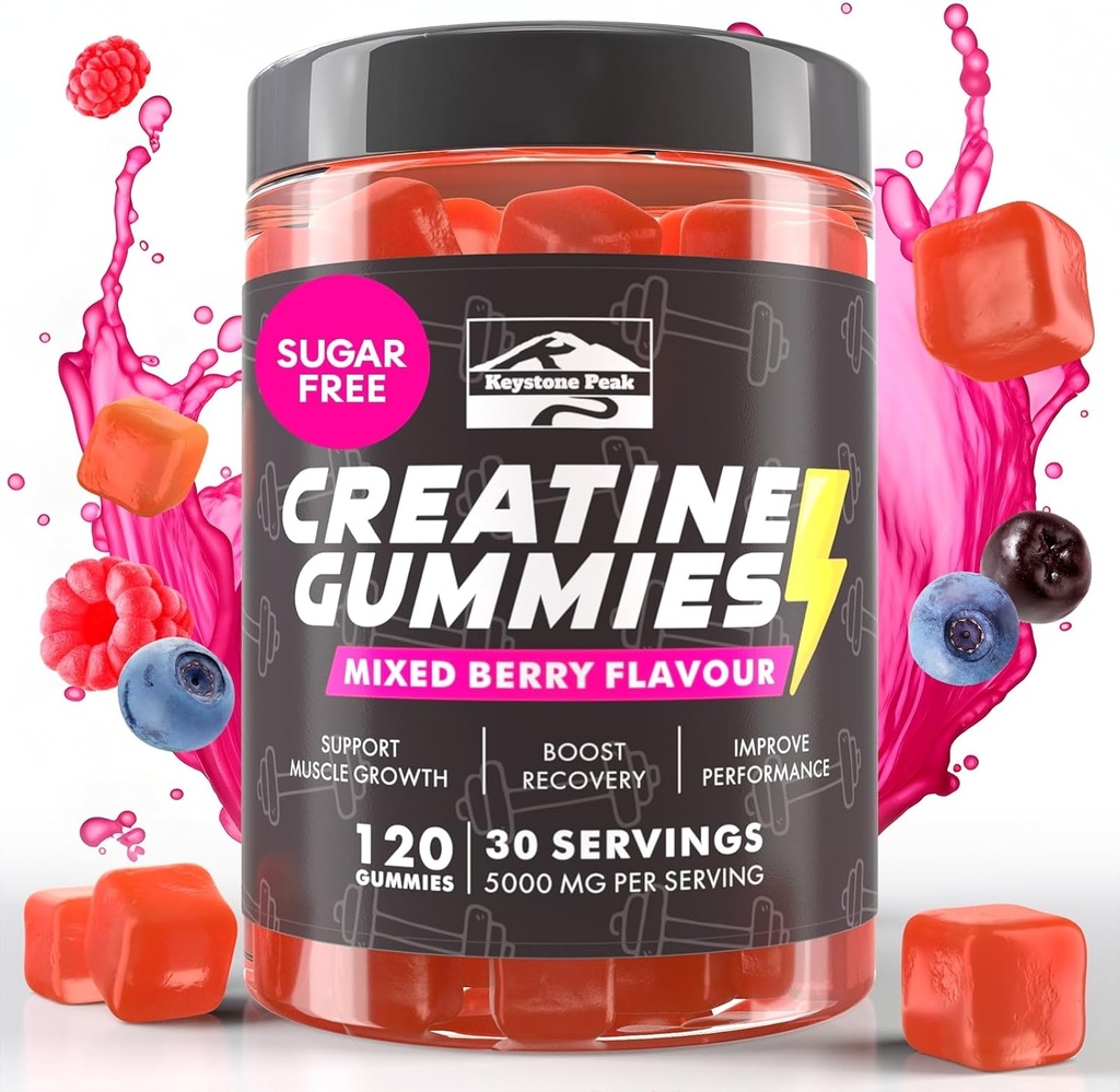 KP Creatin Monohidrat Gummies Berry mixt pentru bărbați și femei, 100% Creatine Berry Gummies mixte, 5g per Servire + Vegan, Sugar Free, Mixed Berry + Putere, Energie, Muscle & Booty Gain - 120 Conte