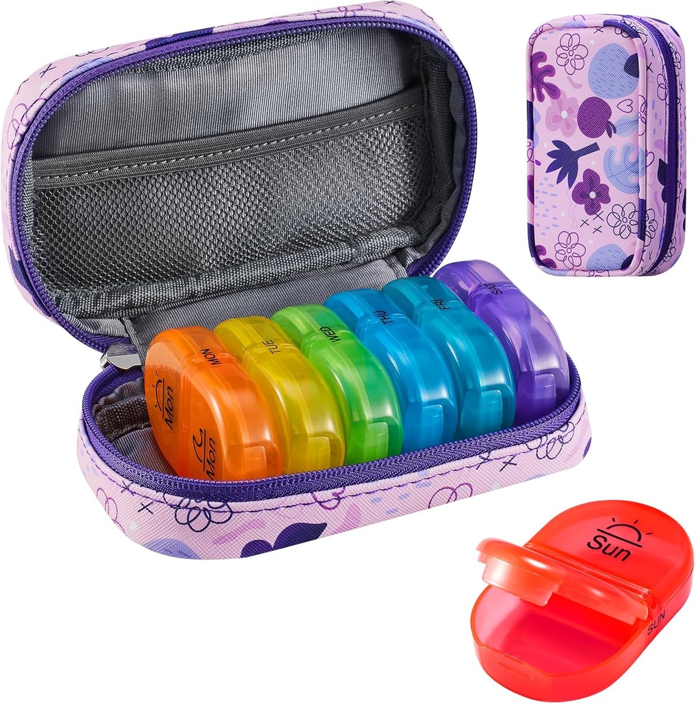 Serfeymi Weekly Travel Pill Organizator 2 Times A Day AM PM Upgraded Rainbow Pill Box 7 Ziua cu Portable Zipper PU Pilula din piele, Medicina Organizator pentru pastile, vitamine, uleiuri de pește - Purple 02