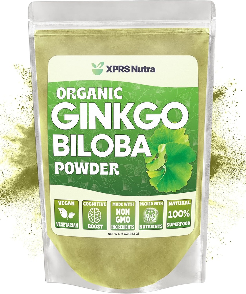 XPRS Nutra Organic Ginkgo Biloba pulbere - Gingko Biloba Suplimente pentru cogniție - Vegan prietenos Ginkoba Biloba Organic - Imunitate Boosting Ginkgo Biloba pulbere (16 oz)