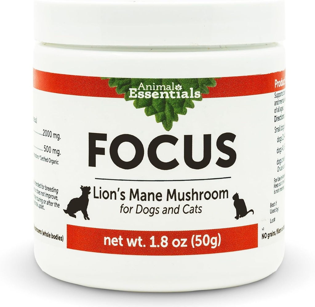 Animal Essentials Focus Lions Mane supliment de ciuperci pentru câini și pisici - susține sănătatea creierului, funcția cognitivă, răspuns imun sănătos, extract de praf de ciuperci - 1.8 Oz (Pachetul de 1)