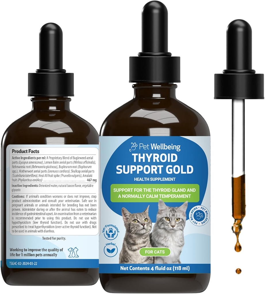 Pet Wellbeing tiroidy Support Gold pentru pisici - Suporturi Sanatos tiroida Gland Functia in Pisici, Metabolizare Normala, Bugleweed, Lemon Balm - Veterinarian-Format Herbal Supliment 4 fl oz (118 ml)