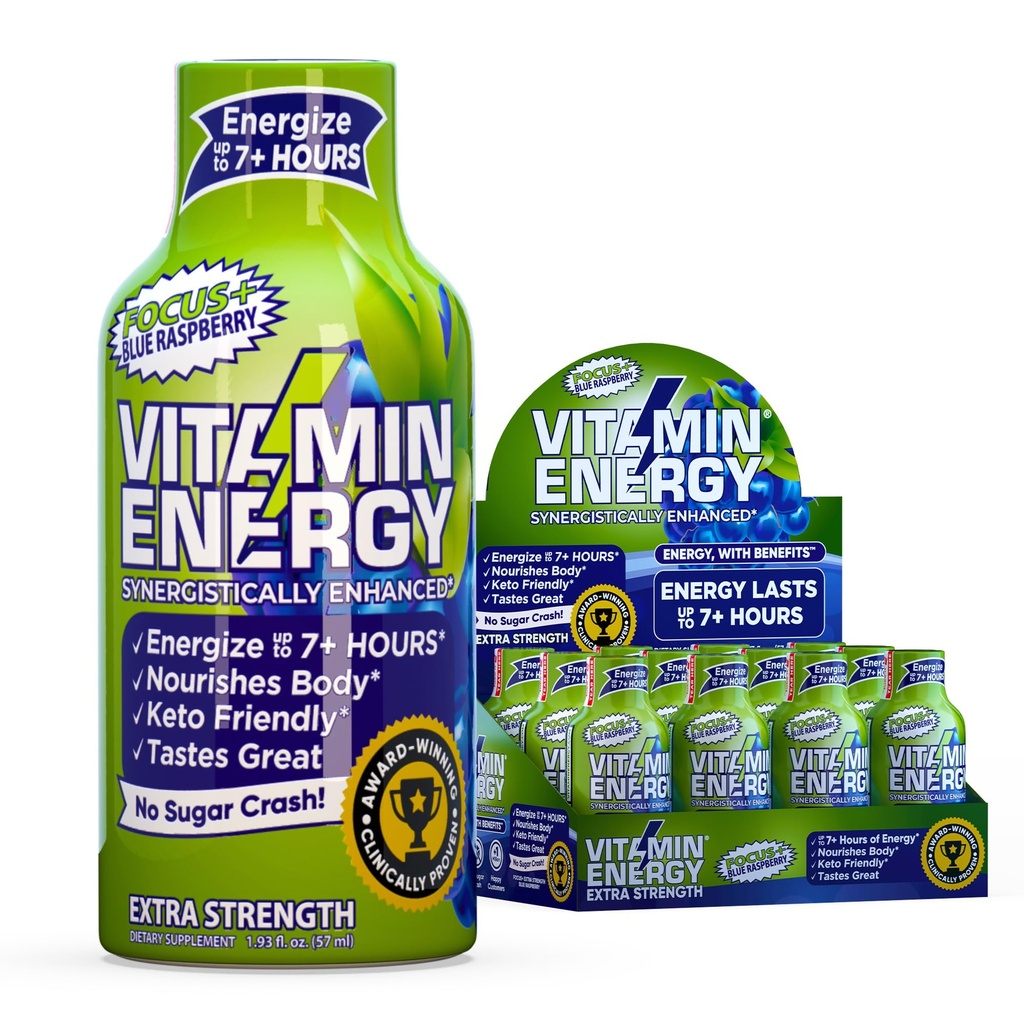 Vitamina Energie Focus+ Extra Putere Energie Shot Blue Raspberry 12 Pack, 260mg Natural Cafeina, B-Vitamina, CoQ10, Aminoacidi, Focus, Productivitate & Claritate, Zero Zahăr, Gluten-Free, 1.93 fl oz