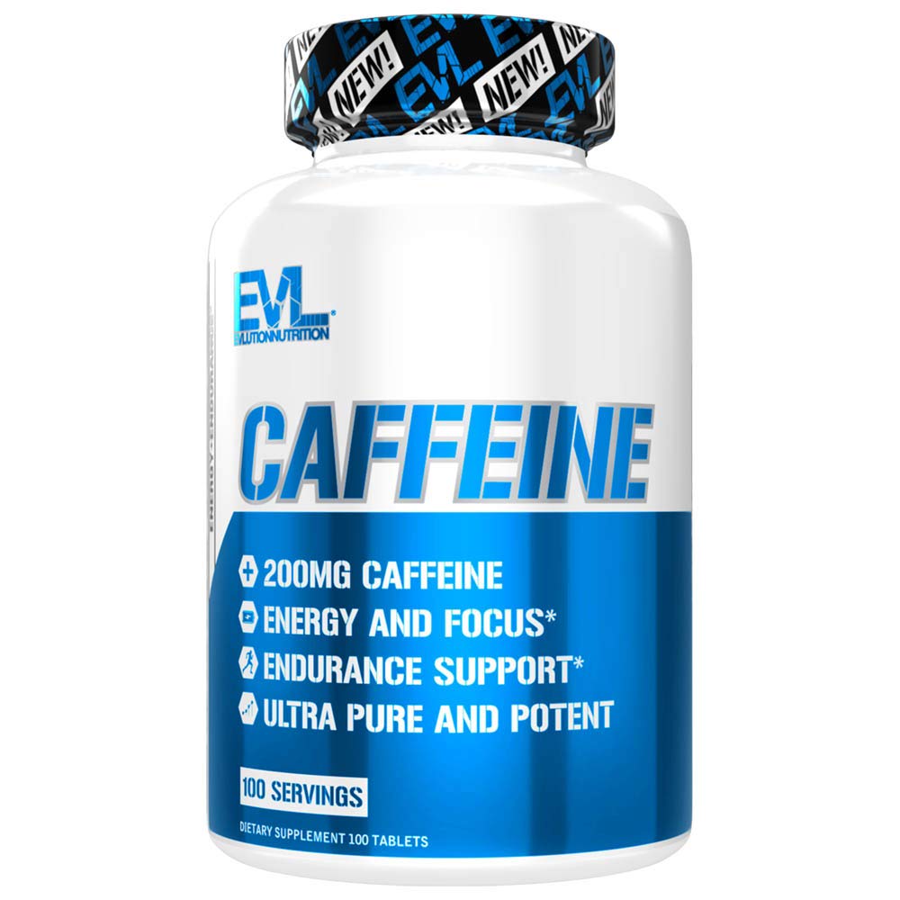 Evlution Nutrition Caffeine - Energie, Focus, & Suport pentru rezistenta - 200mg de Cafeina Per Servire - Ultra Pure & Potent - Maximizeaza munca, Training & mai mult - Supliment alimentar - 100 Serviri -100 tablete