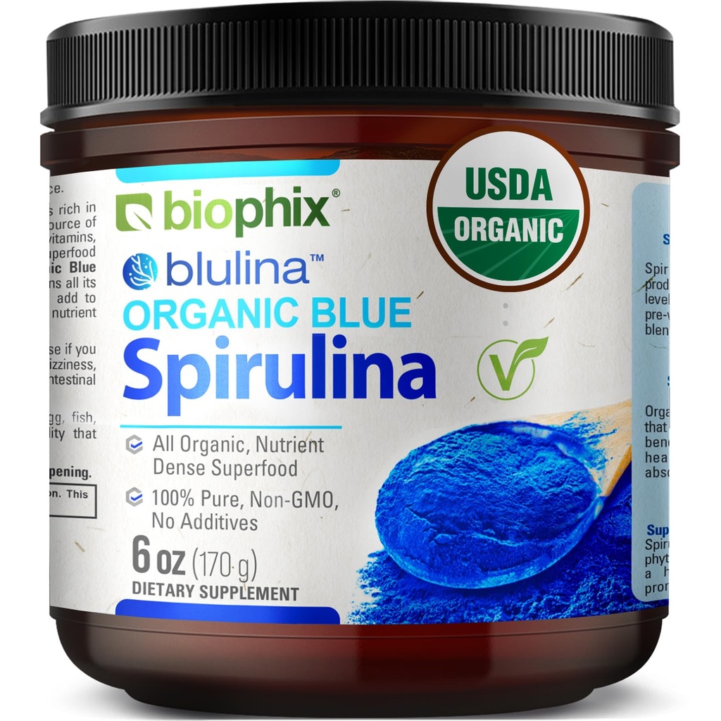 biofil Blue Spirulina Powder Organic Blulina 6 oz - Algae Organic Spirulina Powder 170 Serviri - Superfood Supplement - Pigment albastru natural - Espiralina en Polvo Organica Pura Azul