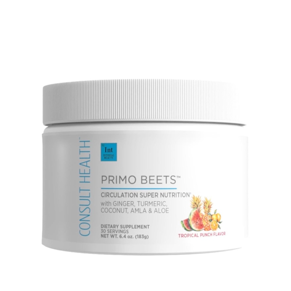Consult Health Primo Beets - Beet Root Powder Drink Mix with Electrolytes - Nitraţi pentru susţinerea circulaţiei - Energetic Boost - Ginger & Turmeric - Men & Women - Tropical Punch Flavor - 30 Servings