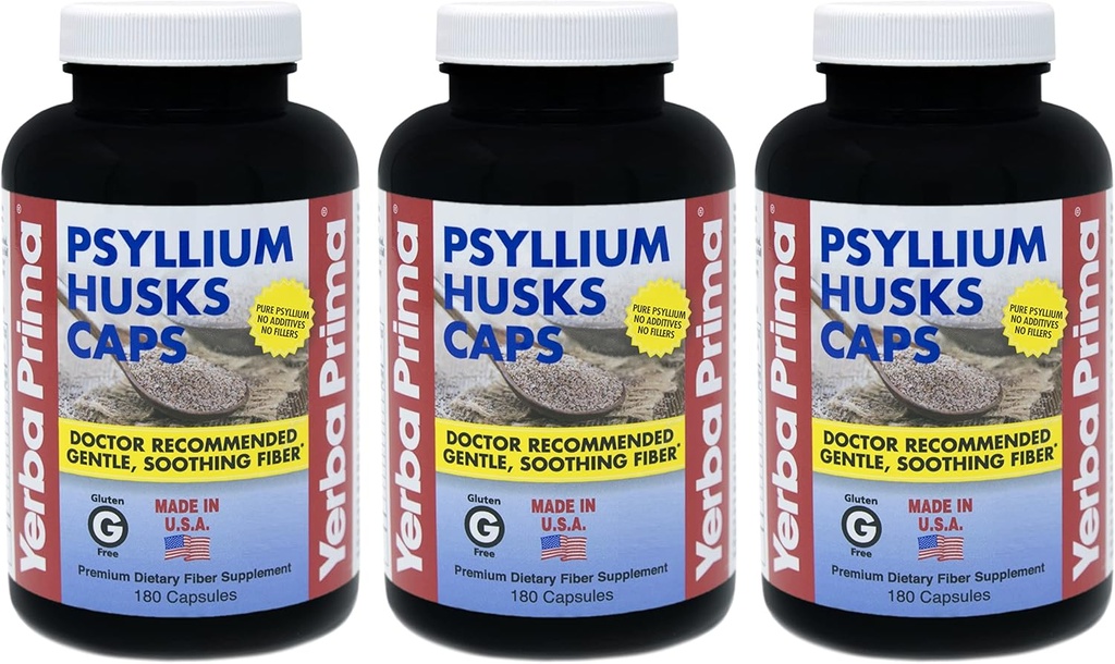 Yerba Prima Psyllium Husks Caps - 180 capace (Pachet de 3) - Supliment natural de fibre - Curățarea colonului - non-GMO Gluten gratuit
