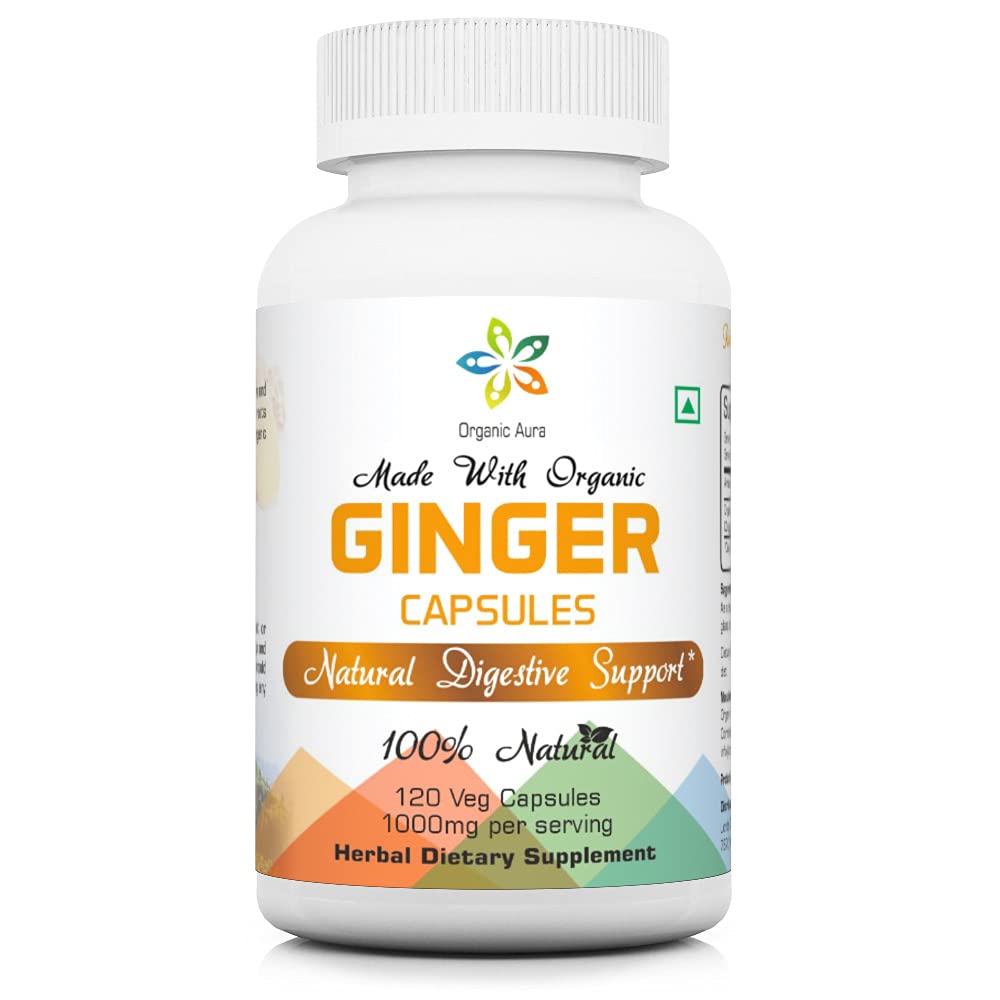Capsule de ghimbir Aura organice - 120 Capsule de legume. 2 luni de aprovizionare. În mod natural stimulează digestia, ameliorarea stomacului şi îmbunătăţeşte imunitatea. Fără OMG şi fără gluten.