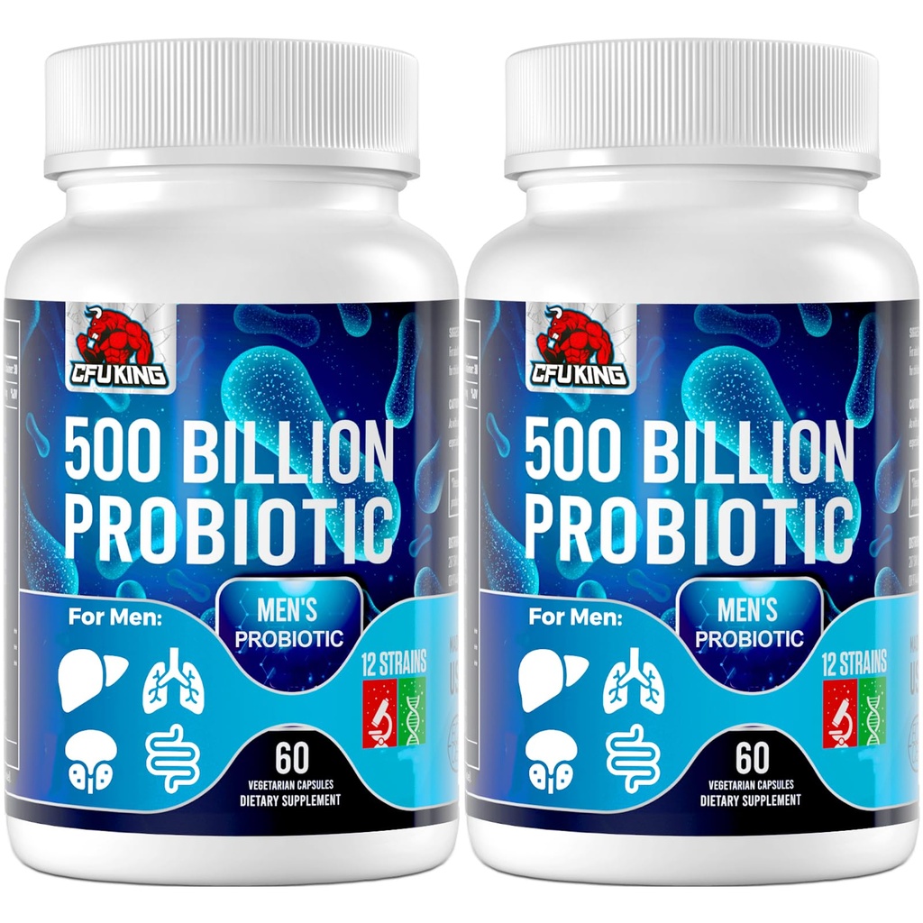 Probiotice pentru bărbaţi, 500 Miliarde CFU & 12 Mens Probiotic pentru Digestive Health + 4 Organic Prebiotic Fiber, pentru Digestive, Gut, Immune Health, Blooting, Gaz, Energie Suport, Perioada de valabilitate Stabil - 120 Capsule