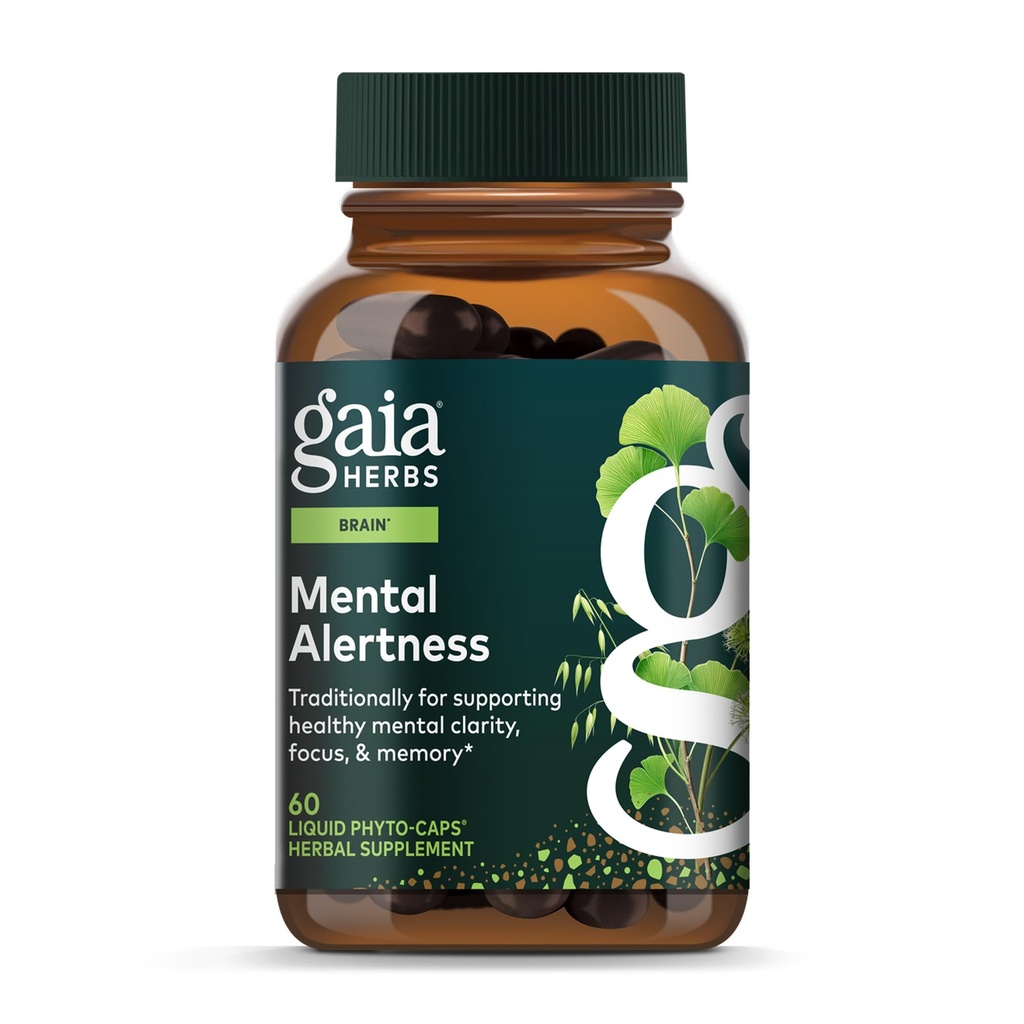 Gaia Herbs Alertness mental - Brain Supplement to Help Mentine Focus & Memory* - with Eleuthero, Ginkgo Leaf, Gotu Kola, Rosemary & Oats - 60 Vegan Liquid Phyto-Capsules (15-Day Supplion)