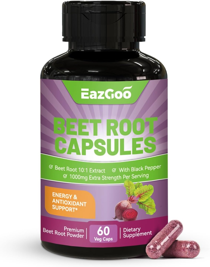Capsule rădăcină de sfeclă 1000 mg per servire, sprijină producția de oxid de azot și tensiunea arterială, cu extract de piper negru, non-GMO, gluten gratuit, Vegan - 60 de conte