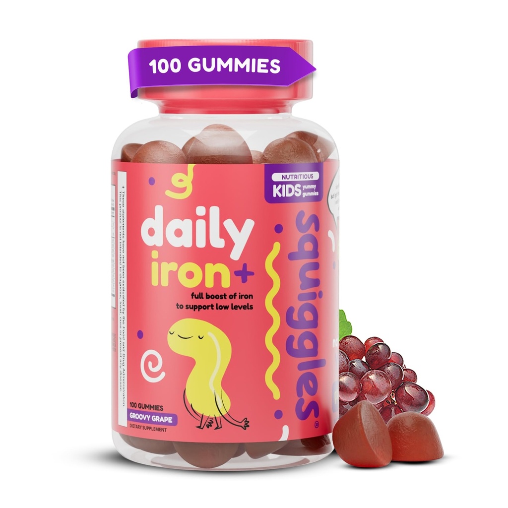 Squiggles Kids Daily Iron+ Gummies - Supliment masticabil cu fier, Multivitamine pentru copii, Zahăr scăzut, Vegan, Toddler Gumies, Aroma de struguri delicioase (100 Conte)