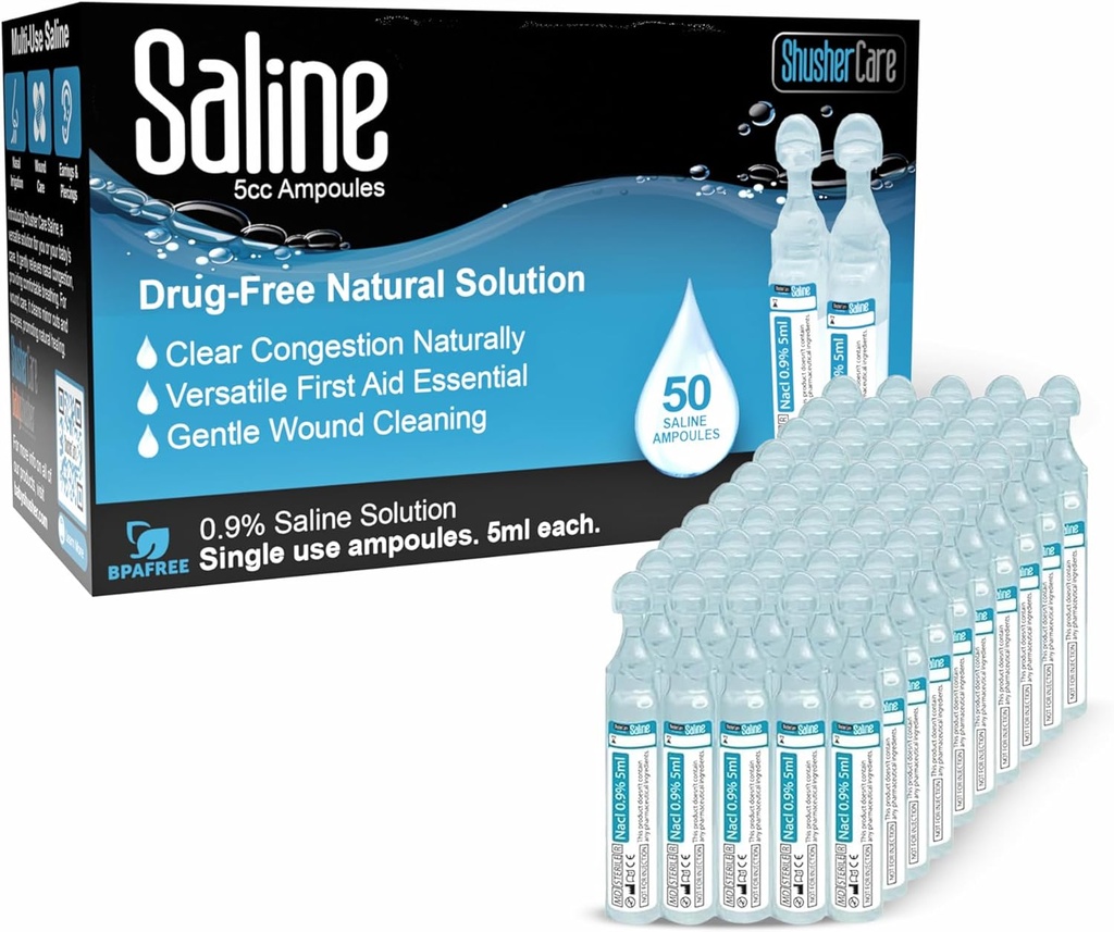 Ampoulele saline - Soluţie salină pentru nebulizator, clorură de sodiu 0,9%, Curățenie nazală pentru sugari, Copii, & Adulţi, Îngrijire nazală sterilă, Curățarea rănilor - 50 Conte (5ml fiecare)