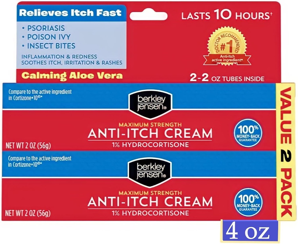 Berkley Jensen Putere maximă anti-Itch Cream (4 oz.), cu calmant Aloe Vera, 1% Hidrocortizon Itch Relief pentru Eczeme, Psoriazis, Bug Bites, Poison Ivy, Oak și Sumac, 2 oz. Tub (pachet de 2)