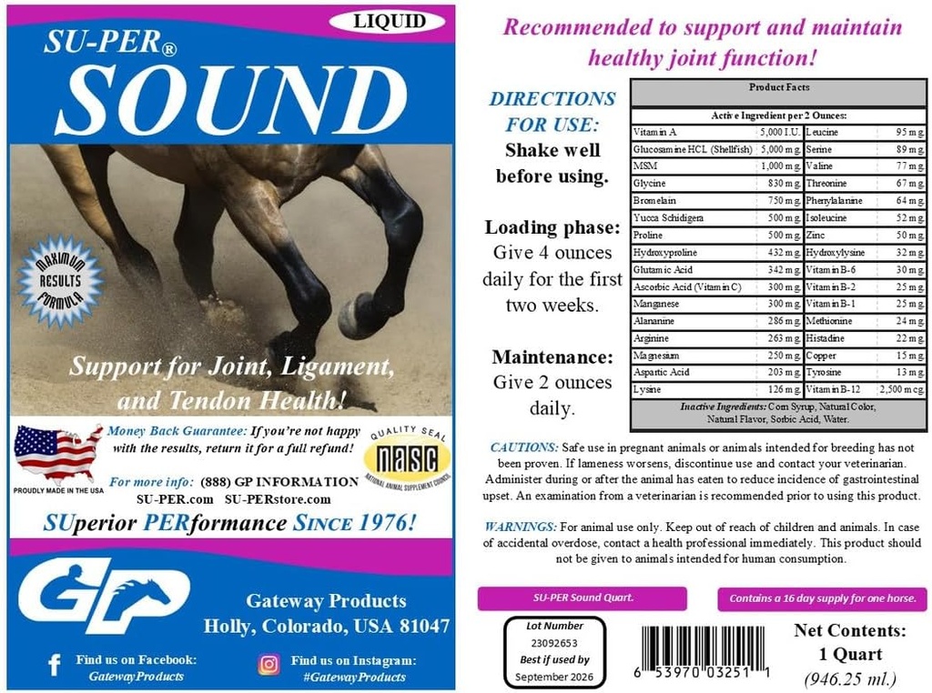 SU-PER Sound Joint Horse Supplement - Suport pentru comun, Ligament, și Tendon Health - Vitamine de cal și minerale, Glucosamină, MSM, Bromelain, Amino Acids, Lysina - 1 Quart, (2 ambalaj)