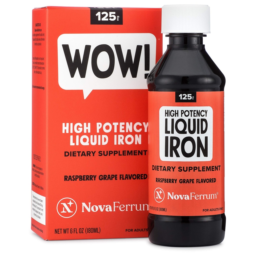 NovaFerrum Wow, 125 mare potenta supliment lichid de fier pentru adulti, deficit de fier, 125 mg de fier pe 5ml doza, Vegan verificat, Gluten gratuit Certificat, Zahăr gratuit