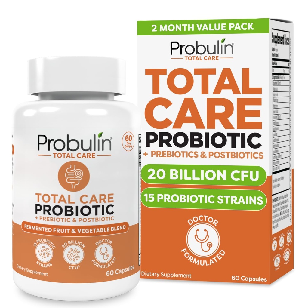 Probulin Total Care Probiotic Supliment, Daily Gut, Digestive, și Imun sănătate Probiotice Capsule pentru bărbați și femei, 20 Miliarde CFU, Vegan, 60 Conte Sticla