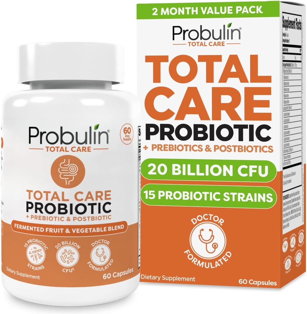Probulin Total Care Probiotic Supliment, Daily Gut, Digestive, și Imun sănătate Probiotice Capsule pentru bărbați și femei, 20 Miliarde CFU, Vegan, 60 Conte Sticla