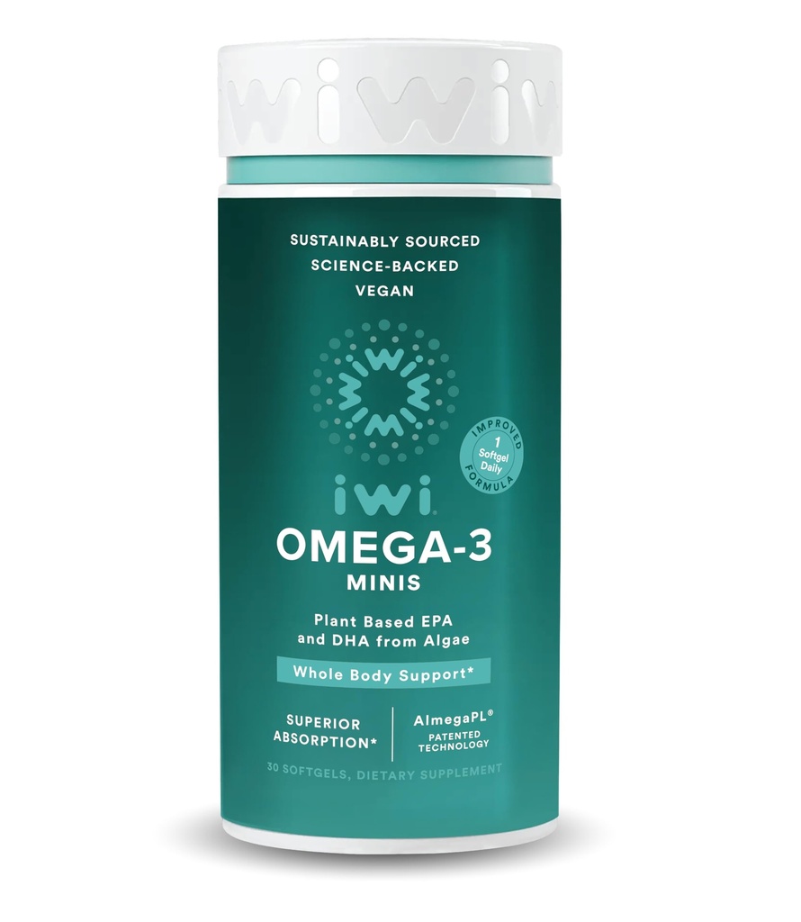 Iwi Omega-3 Mini Softgels (30 Servings), Ușor de înghițit, Plant-Based Algae Omega 3 cu EPA + DHA, întreg-Body Supplement Dietary Supplement, Krill & Fish Oil Alternative, Fără gust de pește