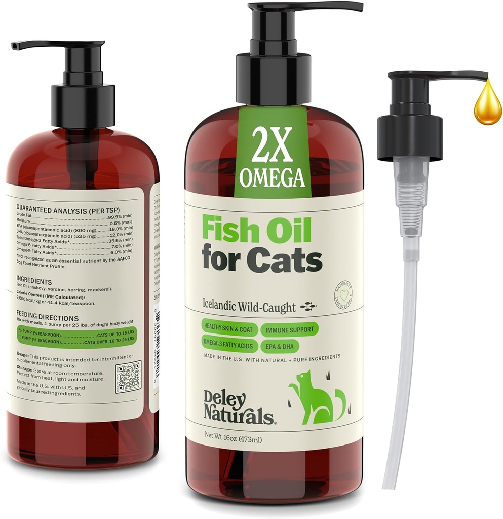 Deley Naturals Wild Prins ulei de pește pentru pisici cu 2X Omega - Cat ulei de pește cu mai mare potențial EPA & DHA - Omega 3 pentru pisici de topire, piele, haina, articulații, inima și sistemul imunitar - Made in the USA