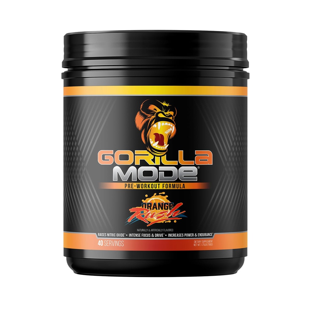 Gorila Minte Pre Workout - Pompe Massive Laser Focus Energie Putere - L-Citrulina, Creatina, L-Tyrosine, Betaina, Hidroprime, Alpha-GPC, 400mg Cafeina, Huperzine A - 796g (Orange Rush)