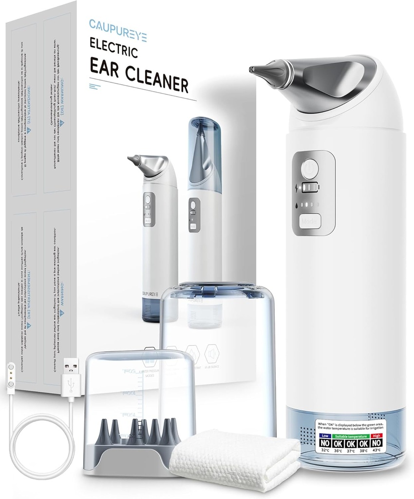 Kit de îndepărtare a urechii, 360°Electric Ear Cleaner, Kit de curățare a urechii cu 4 Moduri de presiune a apei, Kit de îndepărtare a urechii pentru irigare sigură Flushing System w/8 Sfaturi de irigare, Zgomot scăzut, IP65 impermeabil