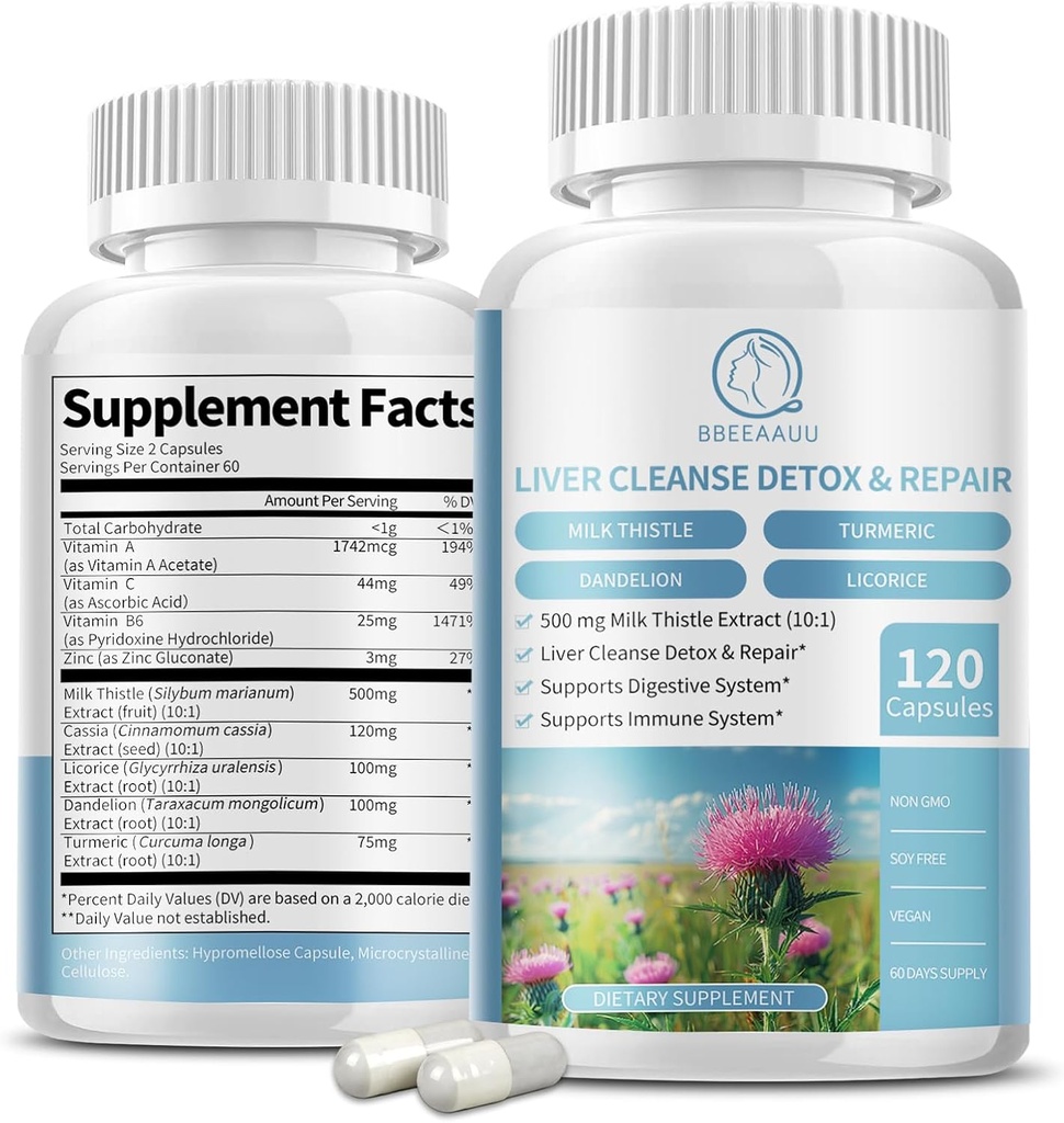 Milk Thistle Supliment Capsule, Formula de sănătate hepatică, cu Root Dandelion, 10:1 Extract, pentru suport de detoxifiere hepatică, Digestive & Immune System, 120 Veggie Caps