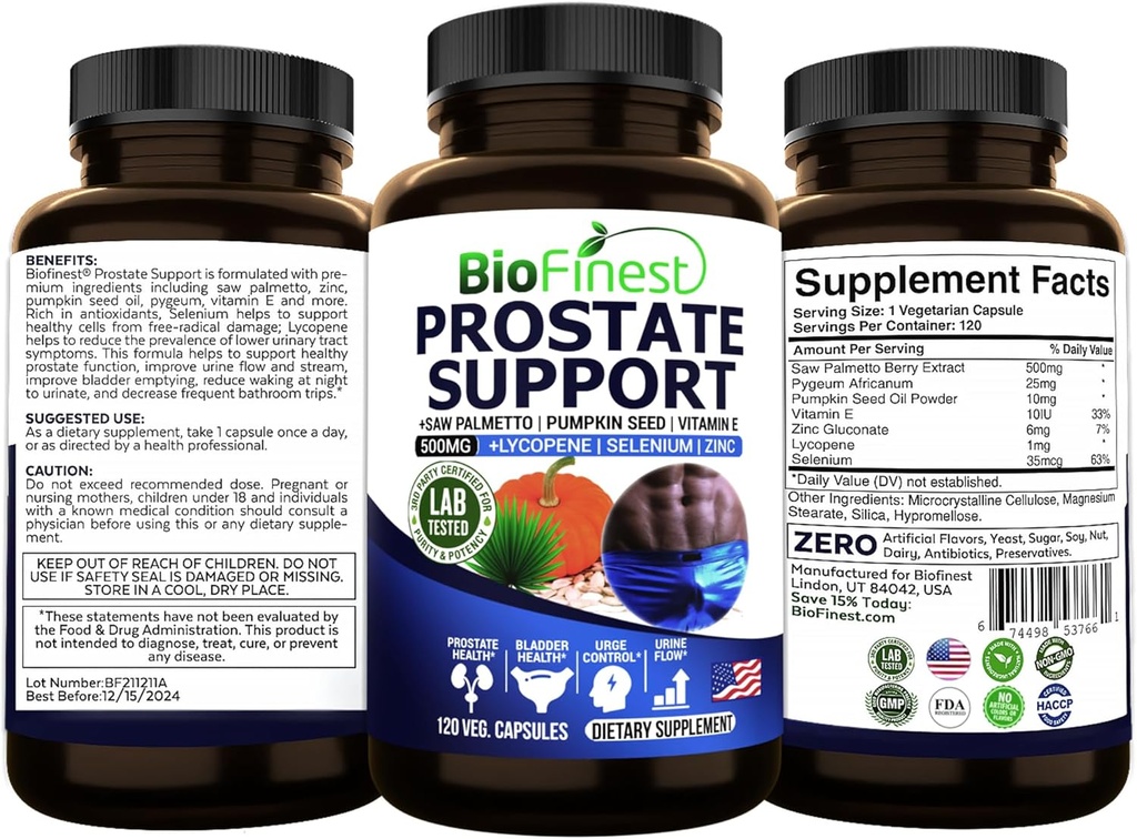 BioFinest suport prostata pentru bărbați - Saw Palmetto Licopen dovleac semințe Pygeum Zinc Seleniu - Sanatos Urina Flow Bladder Protestata supliment de vitamine - Made in USA (120 Veg. Capsule)