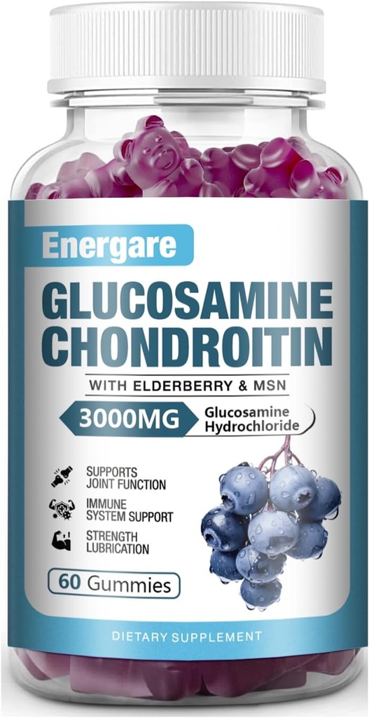 1 ambalaj 3000 mg Glucosamină Chondroitin cu MSM Gummies & Elderberry, Extra Putere Suport comun Sănătate, Flexibilitate, Antioxidant, Supliment imunitar Gummy pentru adulţi, Bărbaţi şi Femei 60 Conte