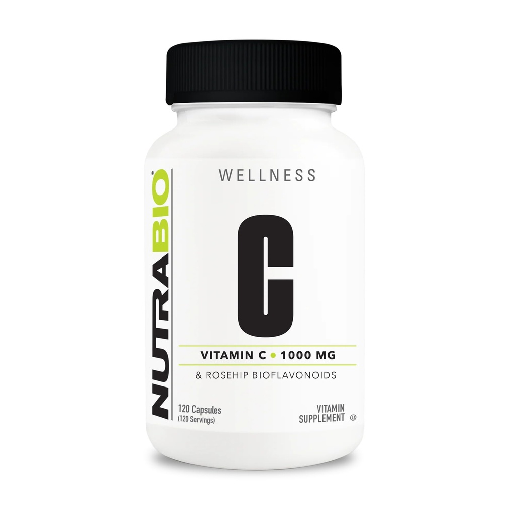 NutraBio Vitamina C cu Rose HIPS - Susţine oase sănătoase, dinţi şi gingii, funcţie imună - Nu fillers sau excipienţi - (120 capsule, 1000 mg vitamina C per capsulă)