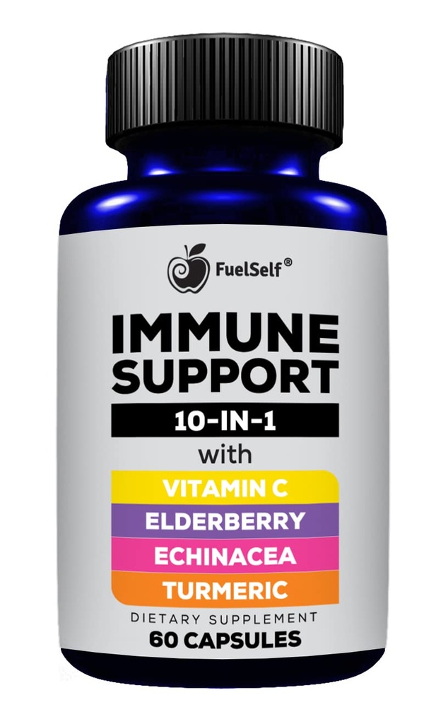 Suplimentul de suport imun cu Elderberry, Vitamina C, Echinacea, Curcuminoide Turmerice, Vitamina E, Vitamina B6, Zinc, L-glutamină HCL, Usturoi, Lactobacillus Acidophilus:: 60 Conte, 1 ambalaj