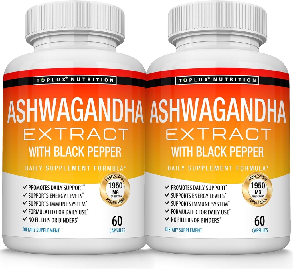 Organic Ashwagandha Root Powder Pastile 1950 Mg cu extract de piper negru - Pur naturale Ashwagandha Supliment, Suport energie, pentru bărbați Femei, 60 capsule