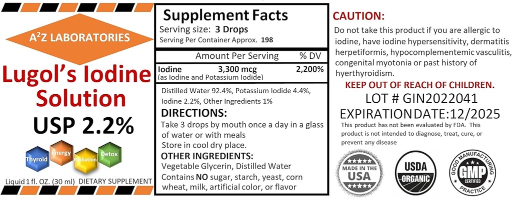 Generic A2Z Organic Lugol's Iod și iod de potasiu 2.0% Soluție, 1 Fl Oz - Picături suplimentare lichid pentru suport tiroidian, Detox, Metabolism, Made in USA