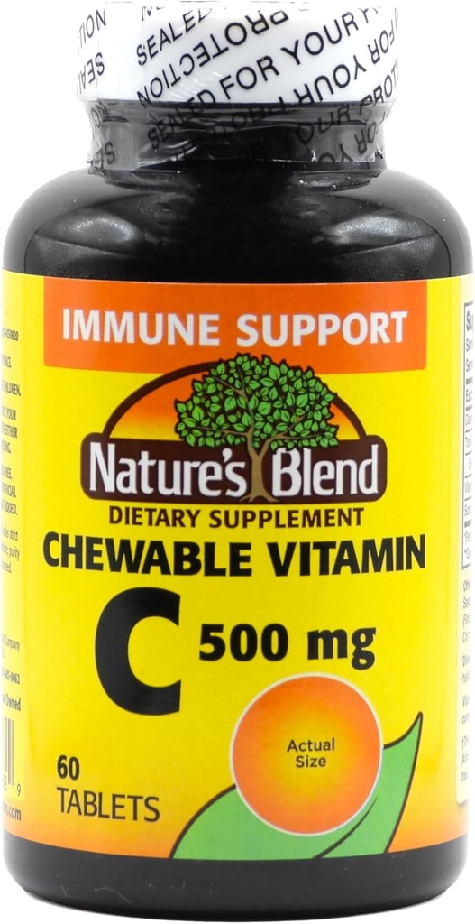 Vitamina C masticabilă. Degustarea bună a vitaminei esenţiale cu zahăr scăzut nu promovează descompunerea dinţilor. 500 mg, 60 comprimate.