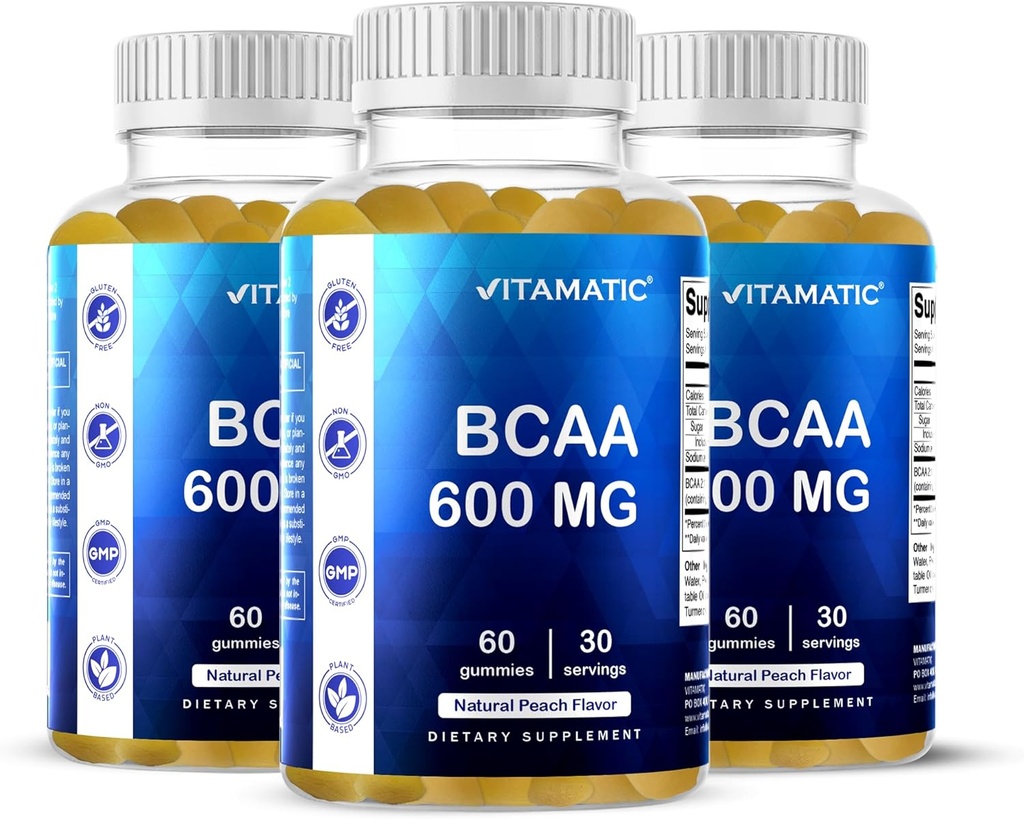 Vitamatic BCAA Gummies - Sucursala lant Amino Acid Suplimente - Peach Flavor - 600 mg per Servire - 60 Vegan Pe bază de Pectin Gumies (3 sticle)