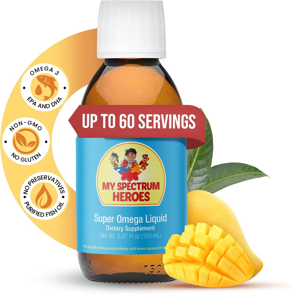 meu Spectrum Heroes supliment de ulei de pește pentru copii - Omega 3 pentru asistență neurală, inflamație și ajutor imunitar - EPA & DHA pentru creier și sănătatea ochilor - copii & adult supliment lichid - 5.07oz (150ml)