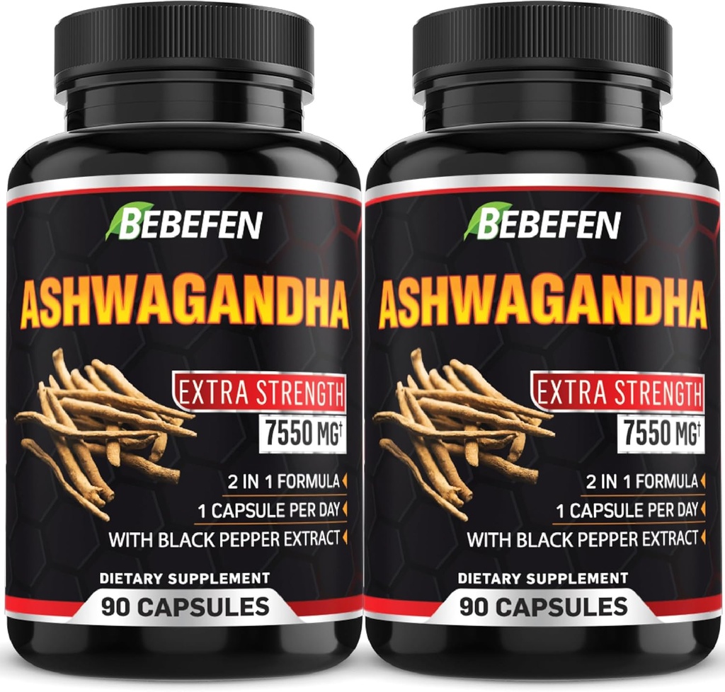 BEBEFEN capsule Ashwagandha - 7550 mg pastile de formula cu extract de piper negru - 90 capsule Ashwagandha Supliment pentru suport energetic - 3 luni de aprovizionare (Pachet de 2)