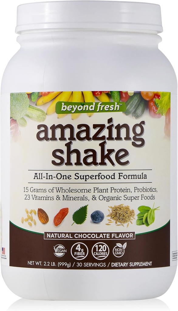 Dincolo de Fresh Amazing Shake, Superfood Formula, Proteine pe bază de plante, carbohidrați cu plasă mică, Proteina Wholefood, Înlocuirea mesei, Aroma de ciocolată naturală, 999 Grams, White