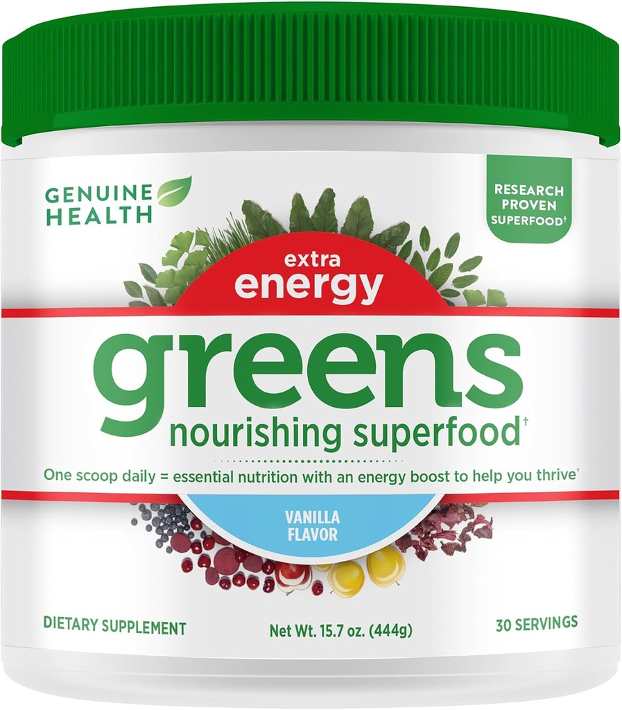 Greens de sănătate autentic + extra energie Superfood pulbere, oferă un impuls energetic imediat și susține sănătatea gută, Vanilla Arome, 30 Servings
