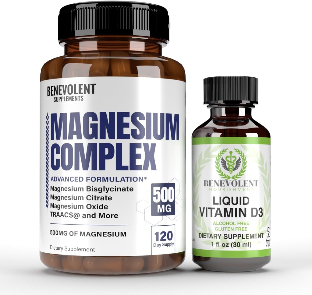 Complex de magneziu cu 5 forme cele mai bune & Liquid Vitamina D3 5000 UI Bundle - 4 luni Aprovizionarea cu 500 mg glicinat de magneziu, oxid, taurat, Chelat, Citrat de magneziu - Sleep & Immune Support