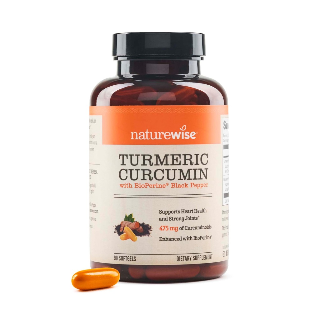 NatureWise Curcumin Turmeric 500 mg cu Black Pepper Softgels - Extra Putere, Absorbție îmbunătățită - 95% Curcuminoide și BioPerine pentru suport imun - Gluten-Free, non-GMO - 90 Conte[3-Month Supply]