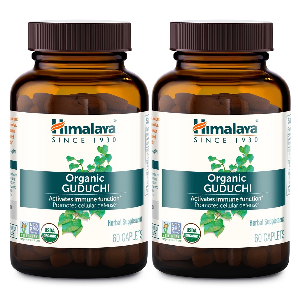 Himalaya Organic Guduchi pentru suport imunitar activ și apărare celulară, 700 mg, 60 Capleți, 2 lună de aprovizionare, 2 ambalaj