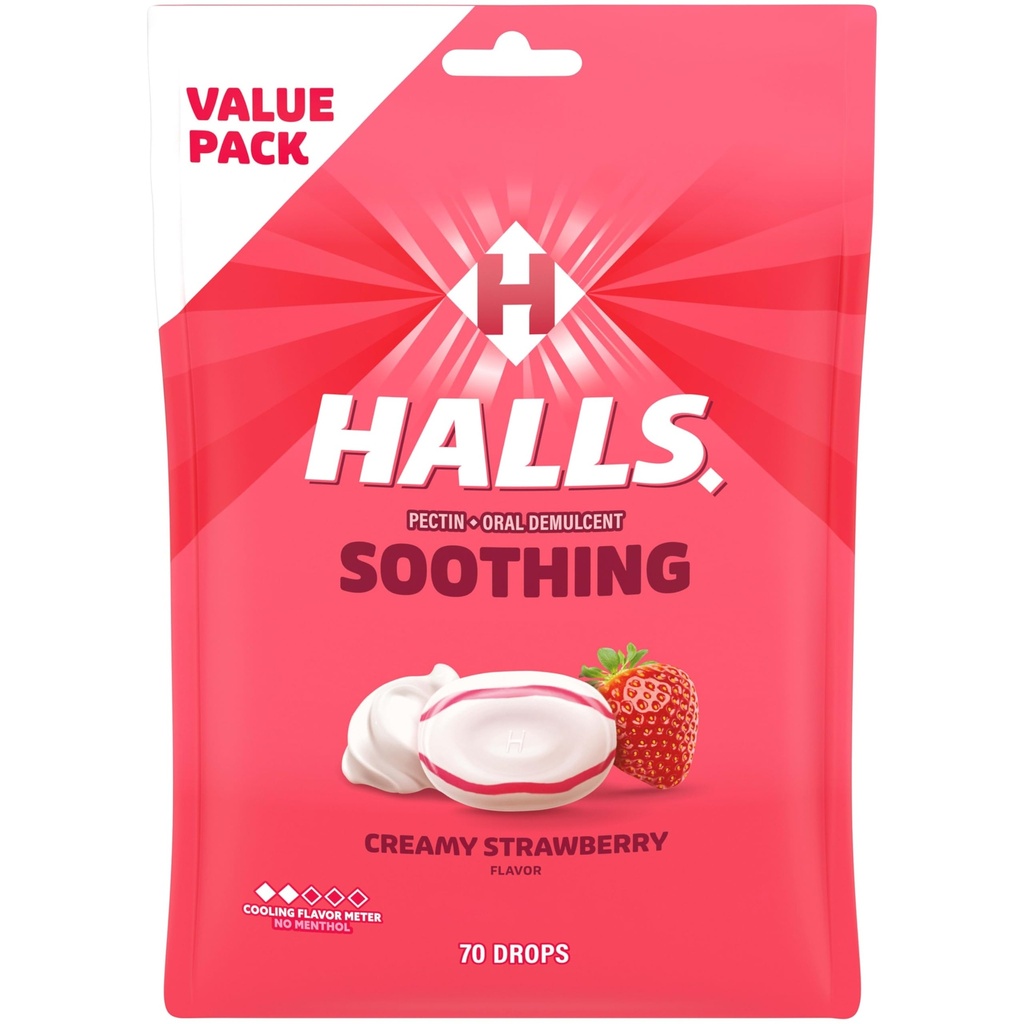 Halls Throat Soothing (previously HALLS Breezers) Cremy Strawberry Throat Drops, Economie Pack, 70 Drops
