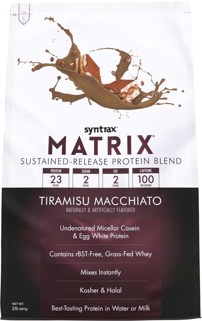 Syntrax Nutrition Matrix - Se sustine-Release Proteine Blend, Tiramisu Macchiato 2 lbs. 100mg Cafeina