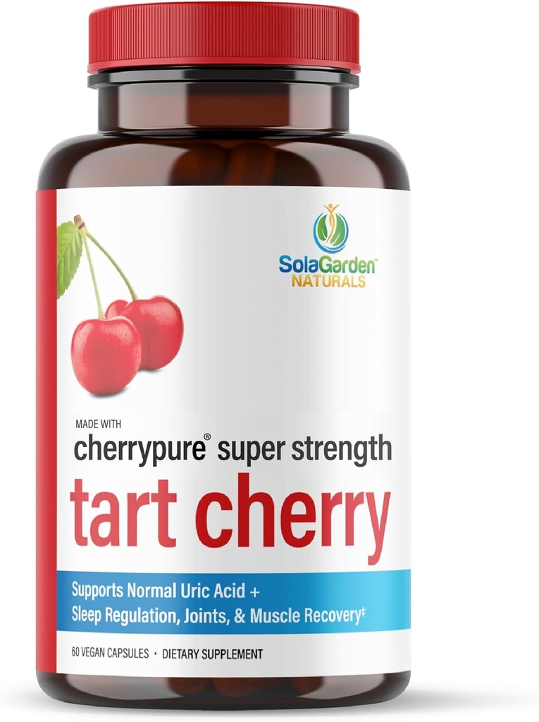Super Strength CherryPURE Tart Cherry Supplement – 50:1 Concentrate Grown in The USA - Made with Non GMO Montmorency Cherries – by SolaGarden Naturals. 60 Non GMO Veggie Capsules.